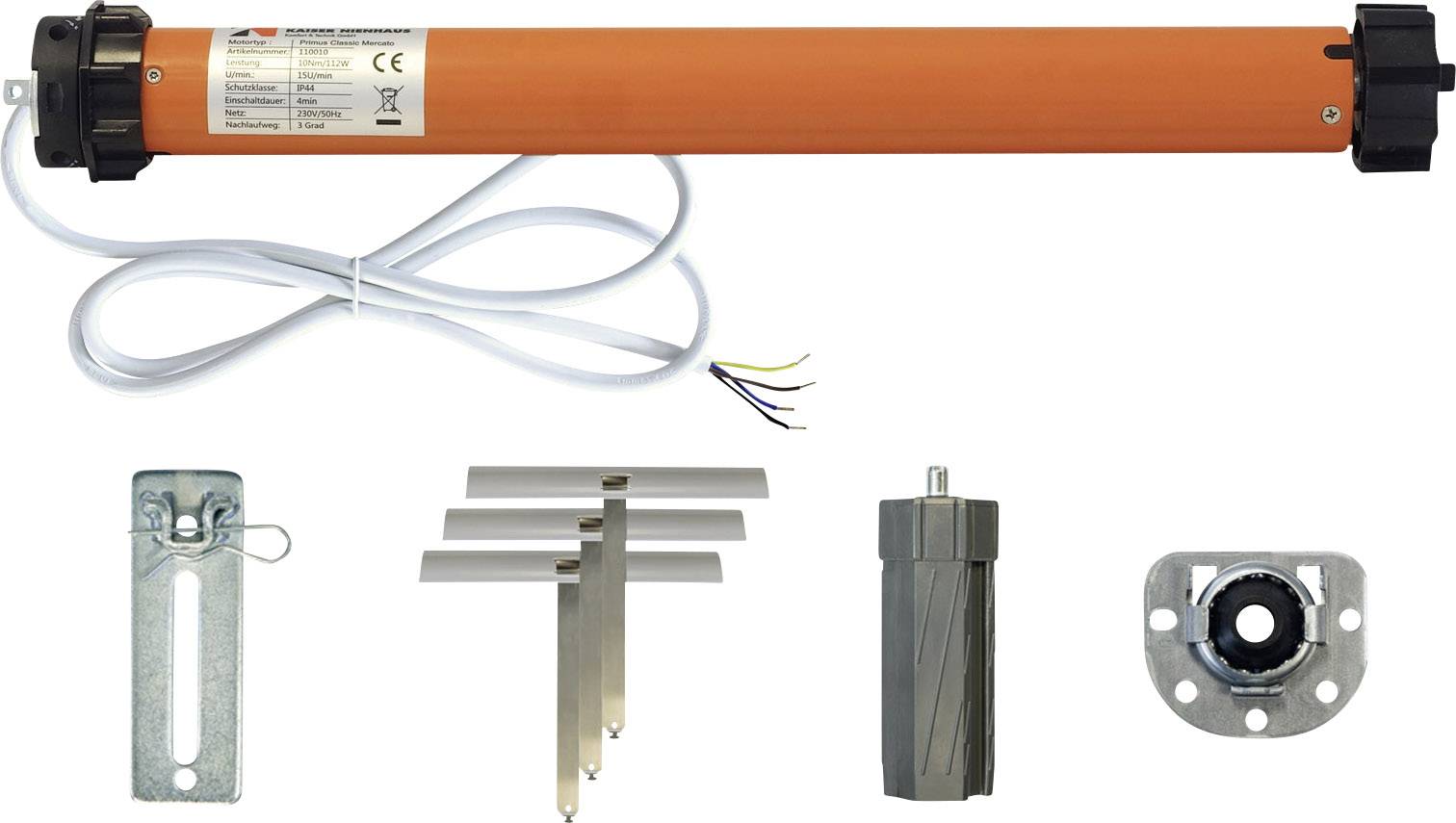 Moteur de volet roulant : moteur tubulaire orange avec câble, support, adaptateur, entraîneur et plaque de montage. Pour motorisation de volet roulant.