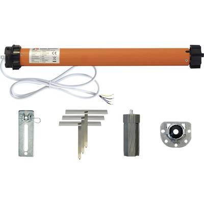 Moteur de volet roulant : moteur tubulaire orange avec câble, support, adaptateur, entraîneur et plaque de montage. Pour motorisation de volet roulant.