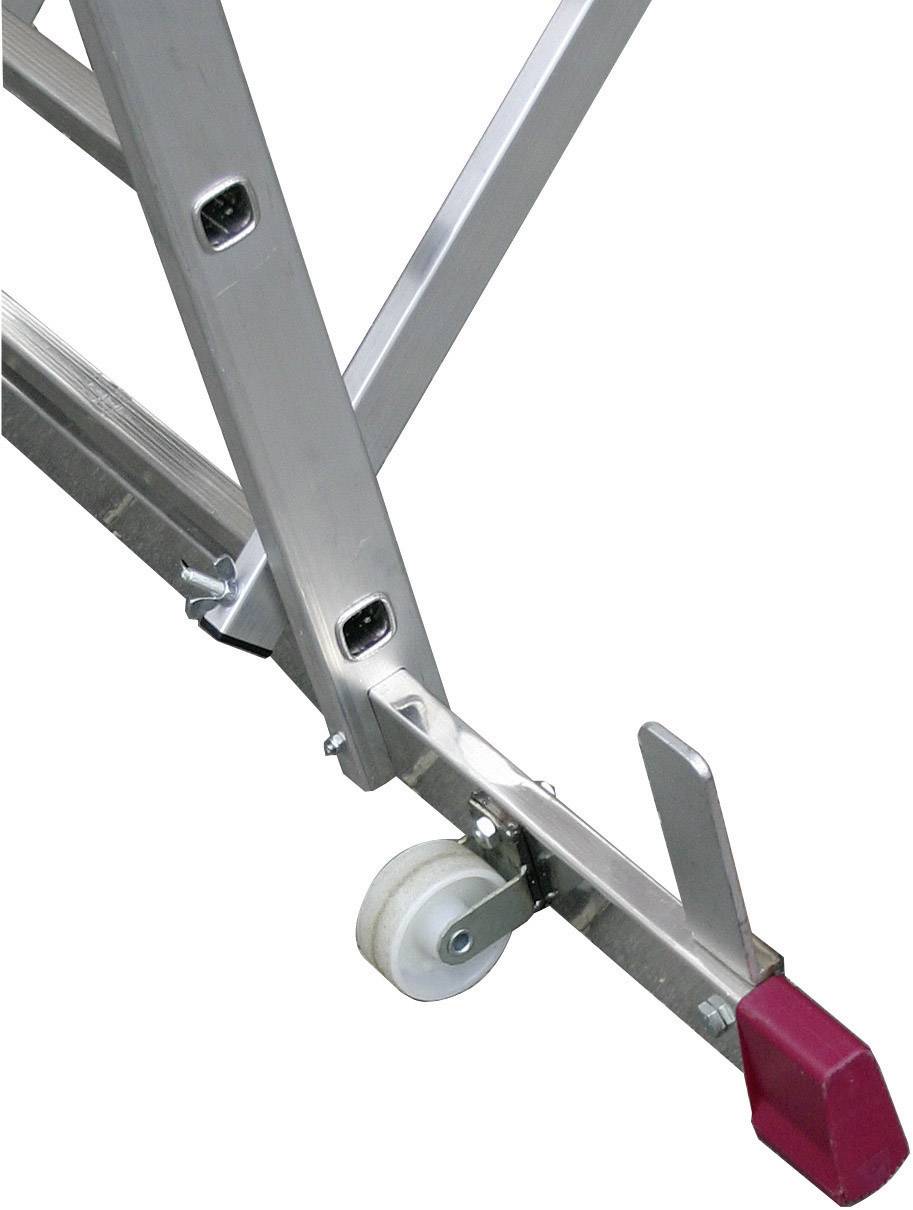 Gros plan d'un trépied en aluminium avec une roue blanche intégrée et un pied en plastique rouge, illustrant sa stabilité et sa portabilité.