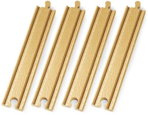 Quatre morceaux de rails droits en bois clair pour trains miniatures, pourvus de rainures et de tenons pour les assembler.