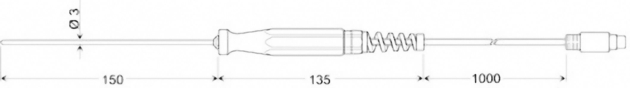 Diagramme d'un instrument technique avec poignée, ressort et longueurs marquées : 150, 135 et 1000. Diamètre 0,3.