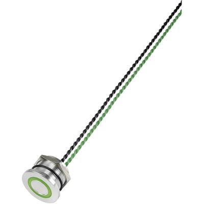 Bouton-poussoir argenté avec un bord vert lumineux, relié à un câble torsadé vert et noir.
