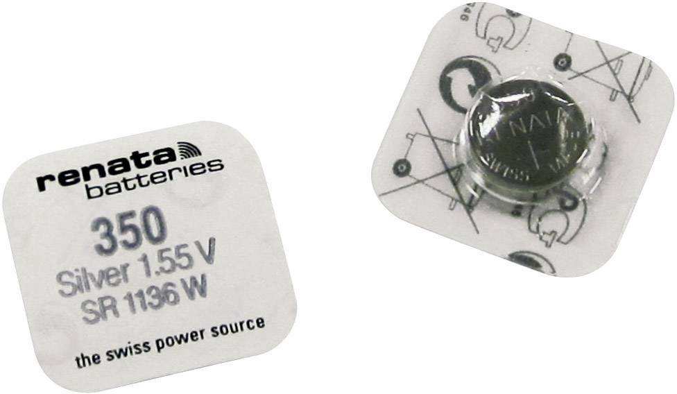 Un pack de piles Renata portant l'inscription '350 Silver 1.55 V SR 1136 W'. Montre une pile individuelle à côté de l'emballage.