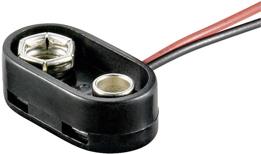 Un clip de batterie noir avec deux boutons-pression métalliques et des câbles rouges et noirs pour se connecter à une batterie de 9 volts.