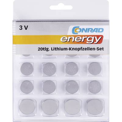Emballage d'un ensemble de 20 piles bouton au lithium, 3 V 'Conrad energy'. Présente 20 piles dans un emballage en plastique transparent.