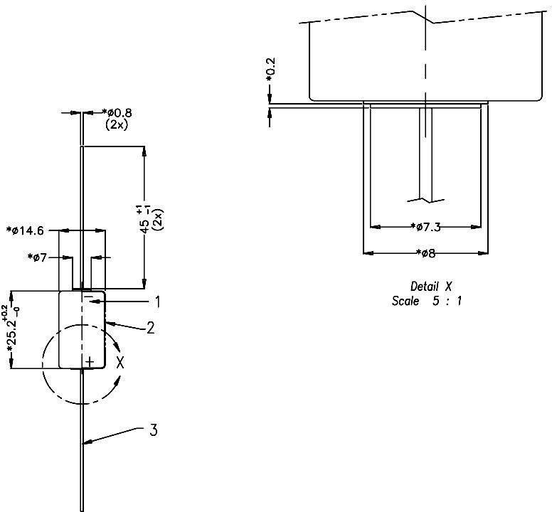 Dessin technique d'un composant mécanique avec des dimensions détaillées : diamètre, angles et vues supplémentaires.