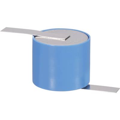 Un condensateur cylindrique bleu avec deux bornes métalliques, une en haut et une en bas, sur un fond blanc.
