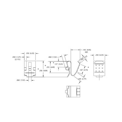 Dessin technique d'un connecteur électrique avec plusieurs dimensions en pouces et en millimètres. À gauche et à droite sont représentés deux éléments de connexion, au centre un segment de fil coudé.