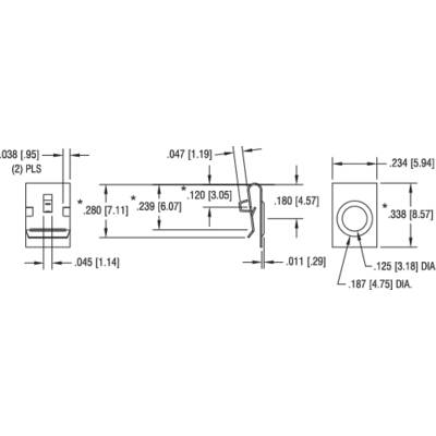 Dessin technique d'un composant électronique avec des dimensions détaillées. Présente une vue de face et une vue latérale avec des mesures en pouces et en millimètres.