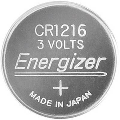 Pile bouton ronde de la marque 'Energizer' avec l'inscription 'CR1216 3 Volts Fabriqué au Japon'.