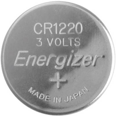 Une pile bouton argentée ronde avec l'inscription « CR1220 3 Volts Energizer, Made in Japan ».