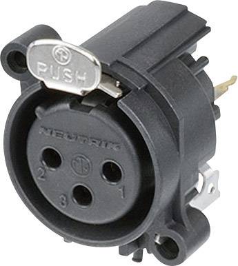 Connecteur XLR noir à trois broches, avec l'inscription 'PUSH' sur le verrou argenté. Utilisé pour les techniques audio et d'éclairage.