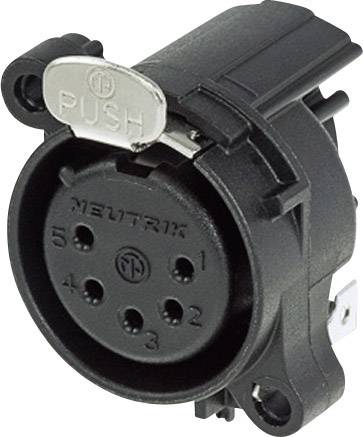 Connecteur noir, rond, à 5 broches avec clip métallique, portant l'inscription 'PUSH', de la marque Neutrik.