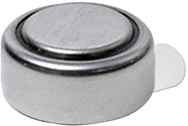 Une pile bouton en argent avec un contact saillant sur le côté, souvent utilisée dans les petits appareils électroniques.