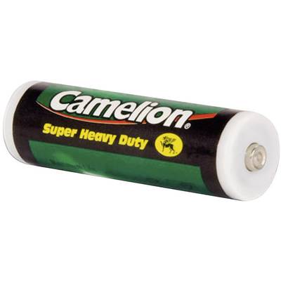 Pile de marque Camelion, type Super Heavy Duty, forme cylindrique, emballage principalement noir et vert.