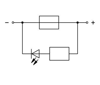 Symbole de commutation pour une LED en série avec une résistance, les deux montés en parallèle avec une autre résistance. Flux de courant de - à +.