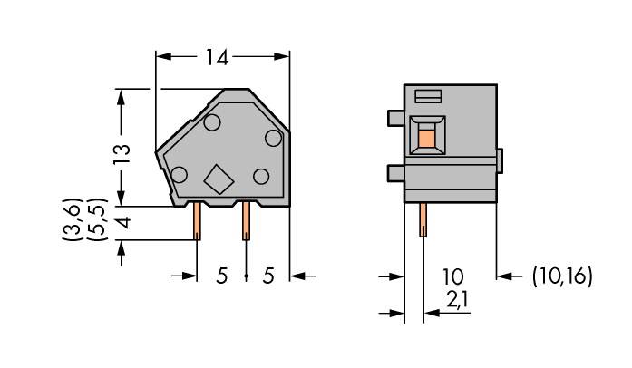 Dessin technique d'un interrupteur électrique avec dimensions : largeur 14 mm, hauteur 13 mm, profondeur 10,2 mm. Écartement des broches 5 mm.