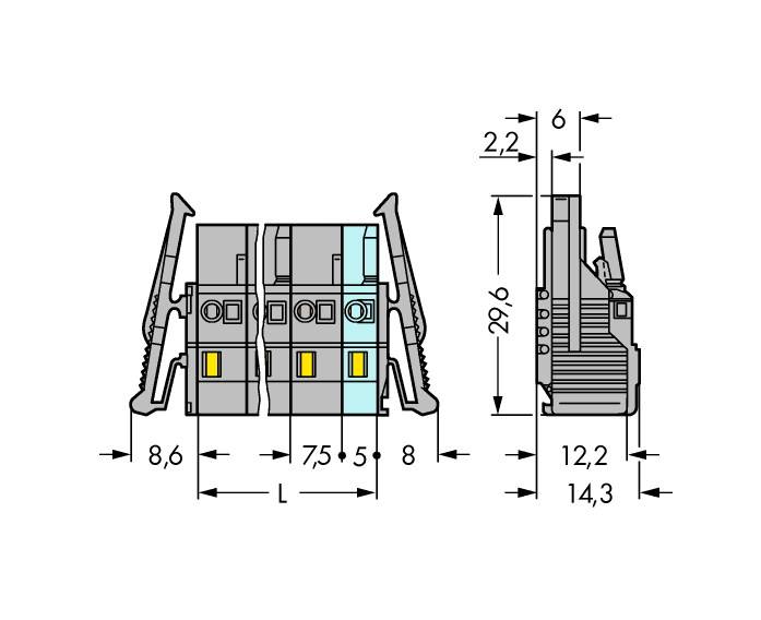 Dessin technique d'un connecteur électrique : dimensions indiquées en millimètres. Vue de face et vue latérale avec spécifications détaillées.