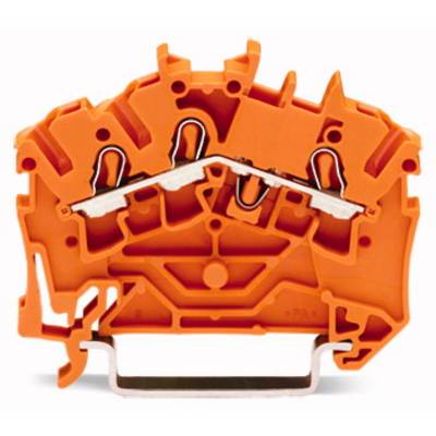 Borne électrique orange, vue en coupe. Montre les connexions métalliques internes et les fixations pour câbles.