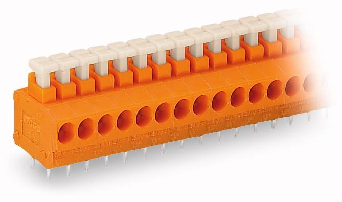 Une borne électrique orange avec plusieurs ouvertures de connexion, adaptée pour le raccordement sécurisé de fils dans des circuits électriques.