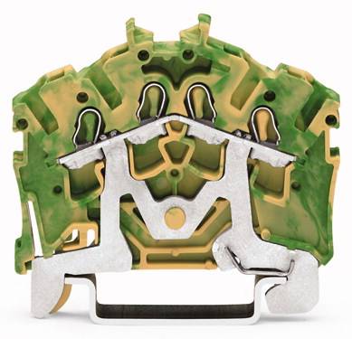 Une coupe transversale d'un composant technique à plusieurs couches de plastique vert et jaune avec des renforts métalliques.