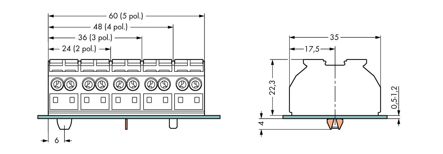 'Dessin technique d'un connecteur électrique. Vue détaillée avec dimensions à gauche, vue latérale avec dimensions verticales à droite.'
