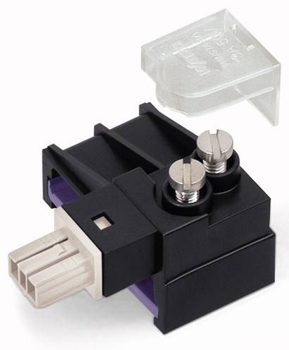 Un connecteur électrique noir et gris avec deux bornes à vis et un capot de protection transparent qui peut être retiré.