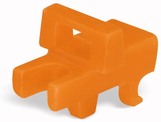 Un élément en plastique orange avec une ouverture rectangulaire et deux bras dépassants, probablement un composant de connexion technique.