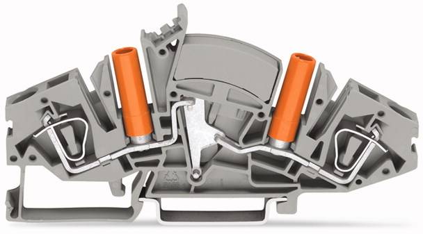 Bornier de câblage en vue latérale montrant le mécanisme interne avec deux leviers oranges pour la connexion électrique.