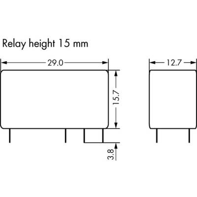 Schéma d'un relais avec dimensions : hauteur 15 mm, largeur 29 mm, profondeur 12,7 mm. Montre les positions des connexions.