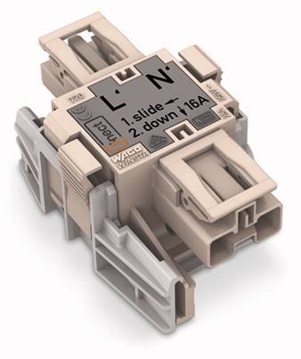 Un connecteur électrique beige avec l'étiquetage 'L', 'N', '1. glisser', '2. vers le bas', '16A', sur un couvercle gris.