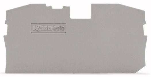 Pièce en plastique grise portant la gravure « WAGO 2016 ». Design industriel, vraisemblablement un composant d'un système de connexion électronique.