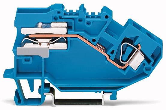 Bloc de connexion de couleur bleue, montrant le mécanisme interne avec des contacts métalliques et des bornes pour connexion électrique.
