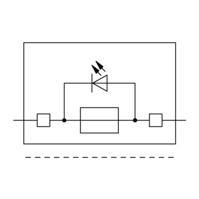 Schéma de circuit avec un symbole d'inverseur au centre, relié à deux rectangles et des lignes ; symbolisant un circuit logique.