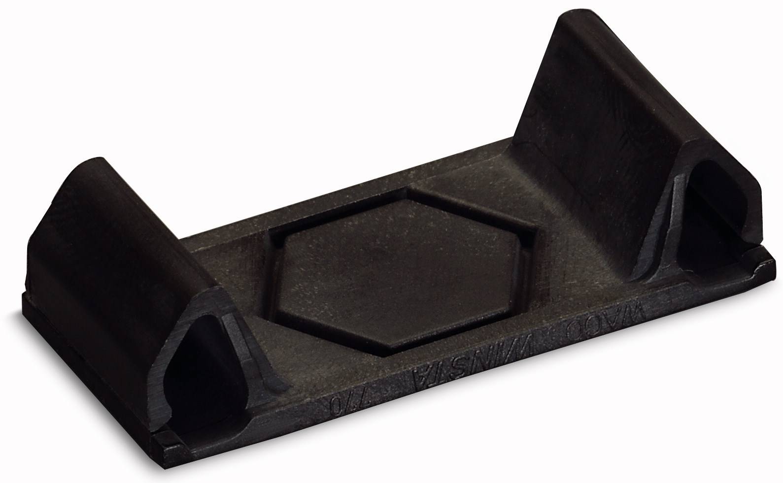 Un support en plastique noir avec une base rectangulaire et des pinces latérales, probablement destiné à maintenir un objet en place.