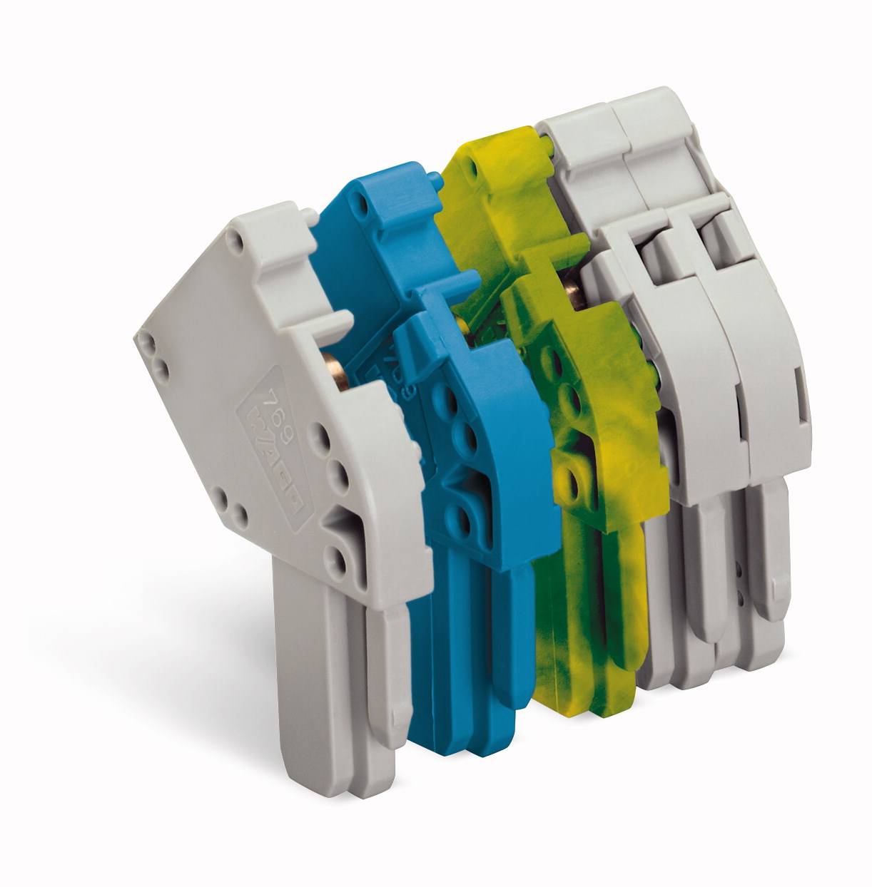 Plusieurs bornes de raccordement en série de différentes couleurs (gris, bleu, jaune) sont disposées en diagonale et présentent différents types de connexions.