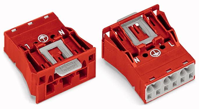 Deux bornes électriques rouges avec des leviers gris, étiquetées 'L' et 'N' pour distinguer les connexions de conducteurs.