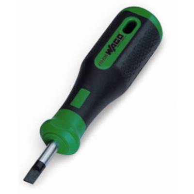 Tournevis noir à manche vert, posé sur le côté. Adapté aux travaux mécaniques, excellent pour les besoins de précision.