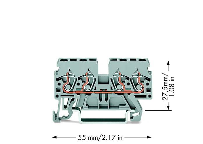Coupe transversale d'un connecteur électrique avec des dimensions de 55 mm x 27,5 mm. Montre la structure de câblage interne.