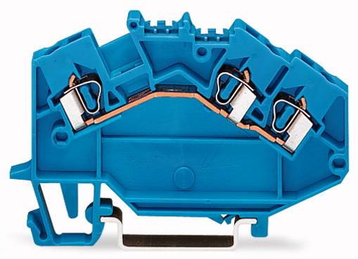Bloc de connexion électrique bleu avec trois points de connexion et des bornes métalliques, pour la fixation sécurisée des fils électriques.