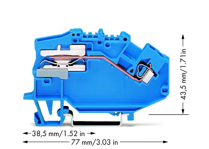 Composant électrique bleu avec les dimensions suivantes : largeur de 38,5 mm (1,52 pouces), hauteur de 43,5 mm (1,71 pouces), longueur de 77 mm (3,03 pouces).