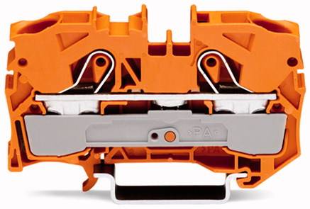 'Module de serrage en série Orange, vue intérieure avec bornes métalliques. Boîtier externe en plastique avec symbole "PA" gravé au centre.'
