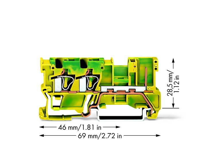 Coupe transversale d'une borne jaune-verte avec dimensions : 46 mm de largeur, 69 mm de profondeur, 28,5 mm de hauteur.