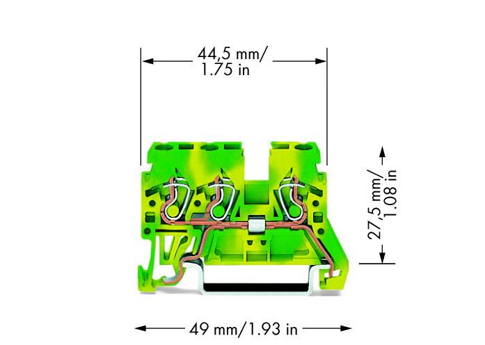 Connecteur électrique vert et jaune, dimensions : 49 mm de largeur, 44,5 mm de hauteur, montrant les connexions métalliques internes.