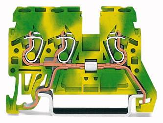 Coupe transversale d'un bloc de bornes de câblage jaune-vert avec des chemins de connexion en cuivre. Montre le câblage interne et la structure.
