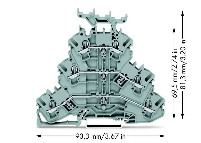Borne électrique gris-vert avec les dimensions suivantes : largeur 93,3 mm (3,67 pouces), hauteur 81,3 mm (3,20 pouces) et profondeur 69,5 mm (2,74 pouces).