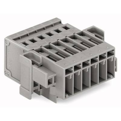 Boîtier de connecteur en plastique gris avec plusieurs emplacements rectangulaires pour connexions électriques.