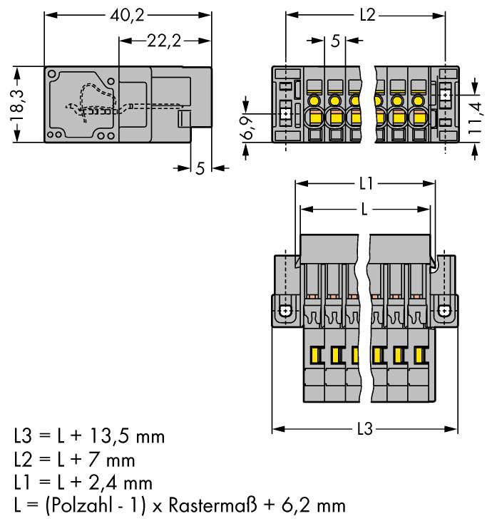 Dessin technique d'un connecteur avec indications dimensionnelles. Les dimensions de grille et les espacements pour L1, L2, L3 sont spécifiés. Vue de dessus et vue latérale présentées.
