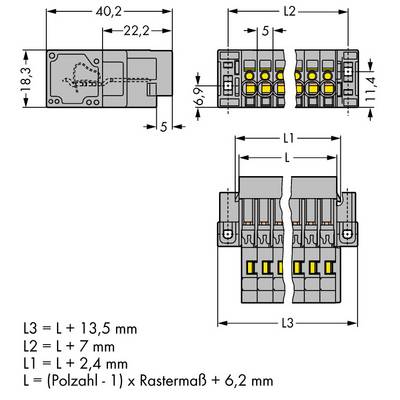 Dessin technique d'un connecteur avec indications dimensionnelles. Les dimensions de grille et les espacements pour L1, L2, L3 sont spécifiés. Vue de dessus et vue latérale présentées.