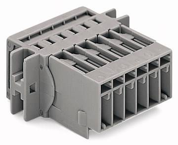 Connecteur électrique gris clair, rectangulaire, à plusieurs broches, destiné à raccorder des câbles électriques dans des appareils.